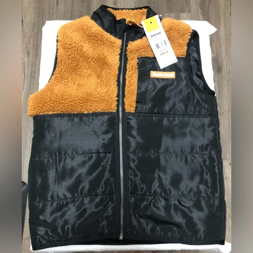 Timberland N.W.T. Size 4 Toddler Kids' Black‎ and Gold,Orange,Brown,Fleece Vest.